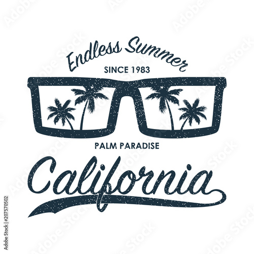 California grunge print for t-shirt with sunglasses and palm trees. Summer typography for clothes, original apparel. Vector illustration.