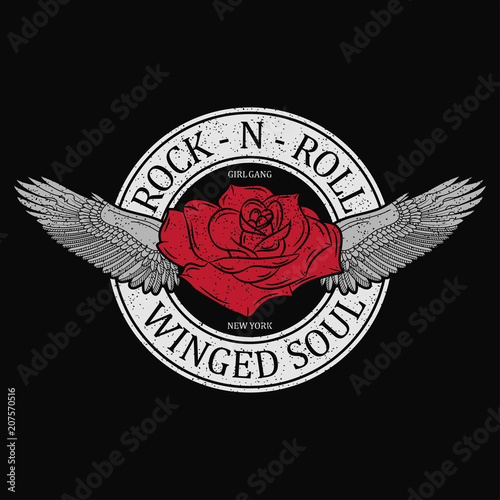 New York rock and roll girl gang print. Grunge typography for t-shirt, women clothes. Fashion stamp for apparel with rose, wings and slogan. Vector illustration.