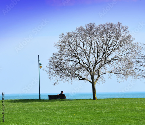 Flag and Park Bench by the Watefront photo