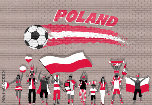 Polish football fans cheering with Poland flag colors in front of soccer ball graffiti