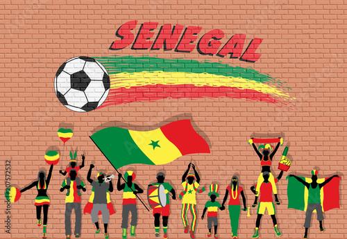 Senegalese football fans cheering with Senegal flag colors in front of soccer ball graffiti