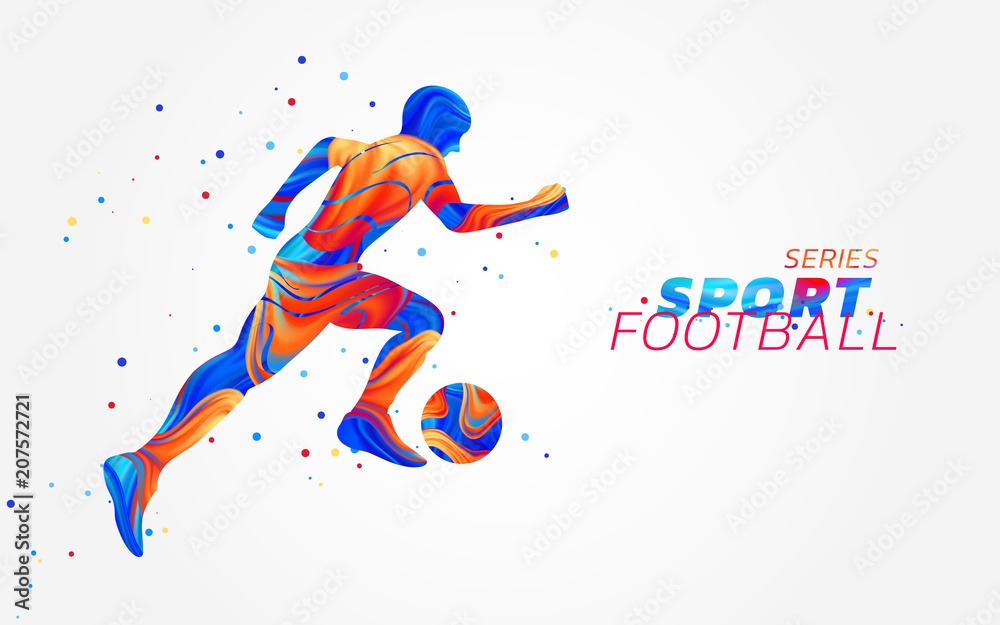 Vector football player with colorful spots isolated on white background. Liquid design with colored paintbrush. Soccer illustration with ball. Sports, athletics or competition theme. Winning concept