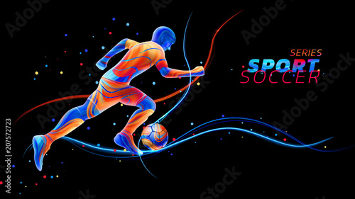 Vector 3d football player with neon light lines isolated on black background with colorful spots. Liquid design with colored paintbrush. Soccer illustration. Sports and athletics or competition theme