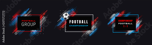 Football cup, soccer championship illustration. Vector frames with linear brushes isolated on black background. Glitch effect. Holographic element for design cards, invitations, flyers brochures