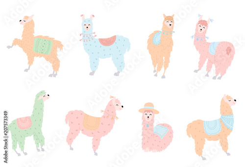 Vector set of llamas in pastel