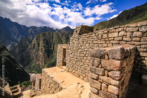 Stone built terracing and buildings at Machu Picchu  an ancient Inca archaeological site near Cusco  Peru