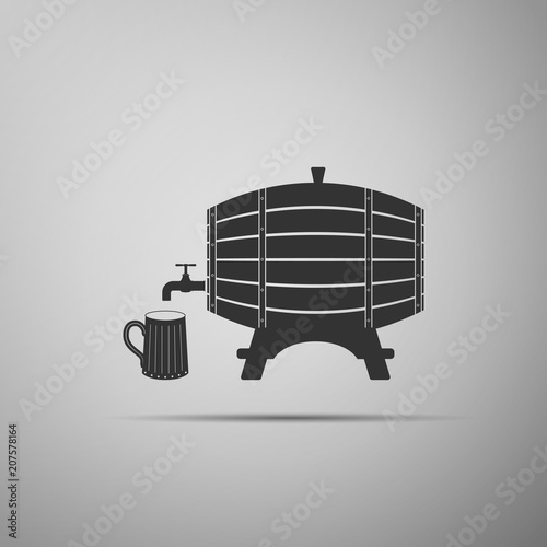 Wooden barrel on rack with stopcock and wooden beer mug icon isolated on grey background. Flat design. Vector Illustration