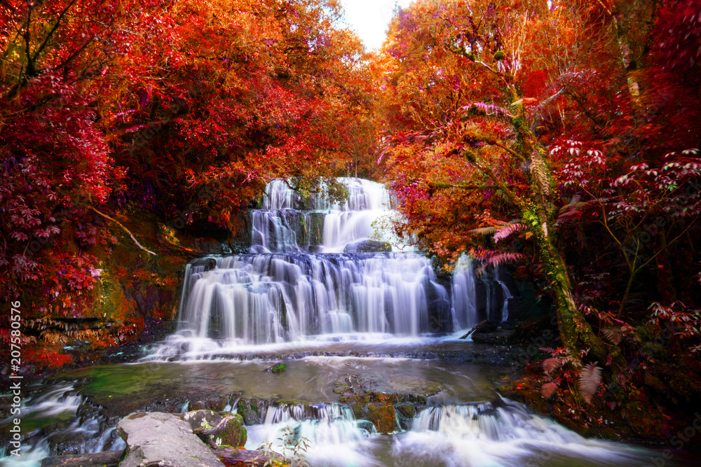 Long Exposure photography. Beautiful waterfall in the rainforest with green  nature. Purakaunui Falls, The Catlins, New Zealand. Photoshop changed  leaves to red color. Stock Photo | Adobe Stock