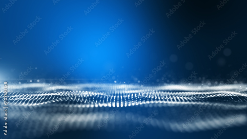 Blue digital abstract background with wave particles, glow sparkles and ...