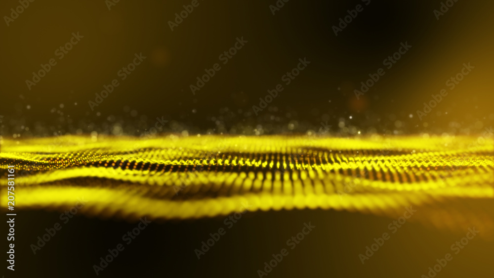 Gold digital abstract background with wave particles, glow sparkles and ...