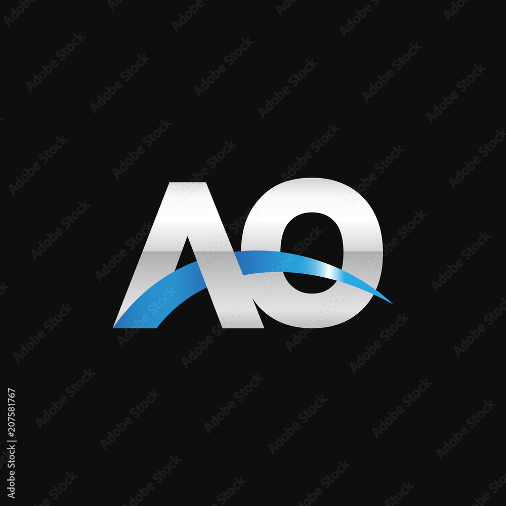 Initial letter AO, overlapping movement swoosh logo, metal silver blue color on black background Initial letter AO, overlapping movement swoosh logo, metal silver blue color on black background