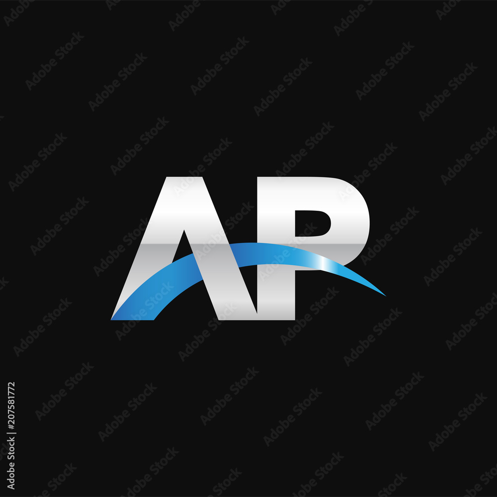 Initial letter AP, overlapping movement swoosh logo, metal silver blue color on black background