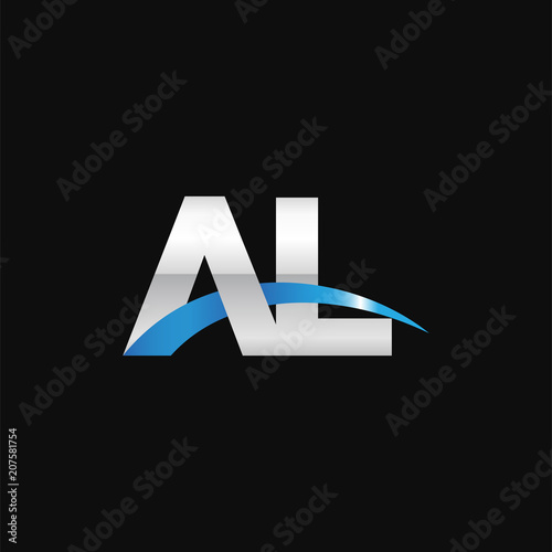 Initial letter AL, overlapping movement swoosh logo, metal silver blue color on black background