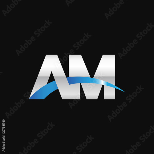 Initial letter AM, overlapping movement swoosh logo, metal silver blue color on black background