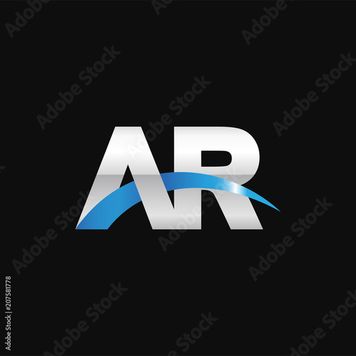 Initial letter AR, overlapping movement swoosh logo, metal silver blue color on black background