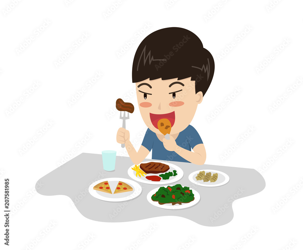 Vector illustration of a boy enjoy eating meal yummy on table - character cartoon Vector illustration of a boy enjoy eating meal yummy on table - character cartoon