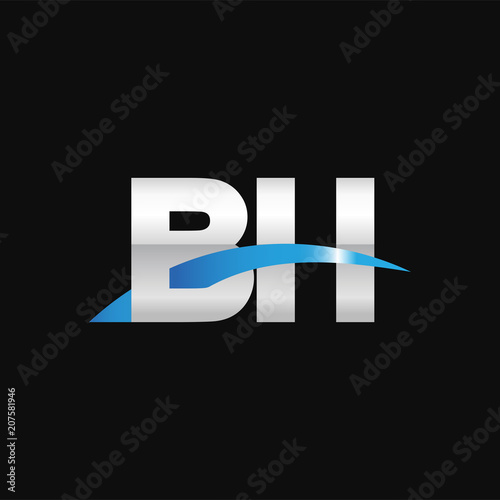 Initial letter BH, overlapping movement swoosh logo, metal silver blue color on black background