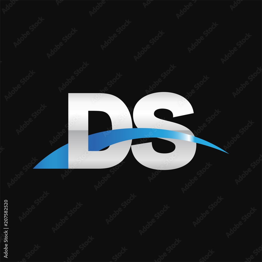 Initial letter DS, overlapping movement swoosh logo, metal silver blue color on black background Initial letter DS, overlapping movement swoosh logo, metal silver blue color on black background