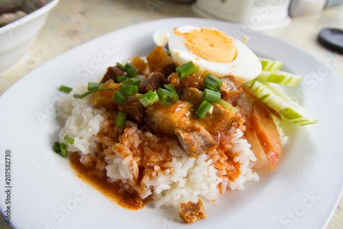 Barbecue pork and roasted pork with stream rice.Thai food