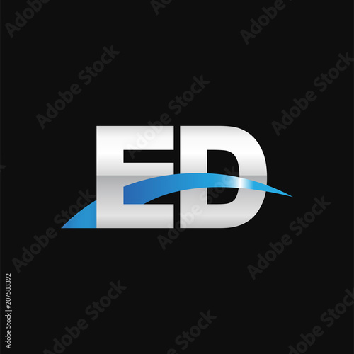 Initial letter ED, overlapping movement swoosh logo, metal silver blue color on black background