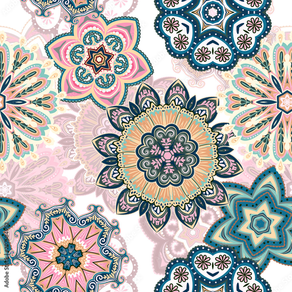 Disciplinære Automatisering budget Seamless mandala pattern for printing on fabric or paper. Hand drawn  background. Colorful, pastel print. Stock Vector | Adobe Stock