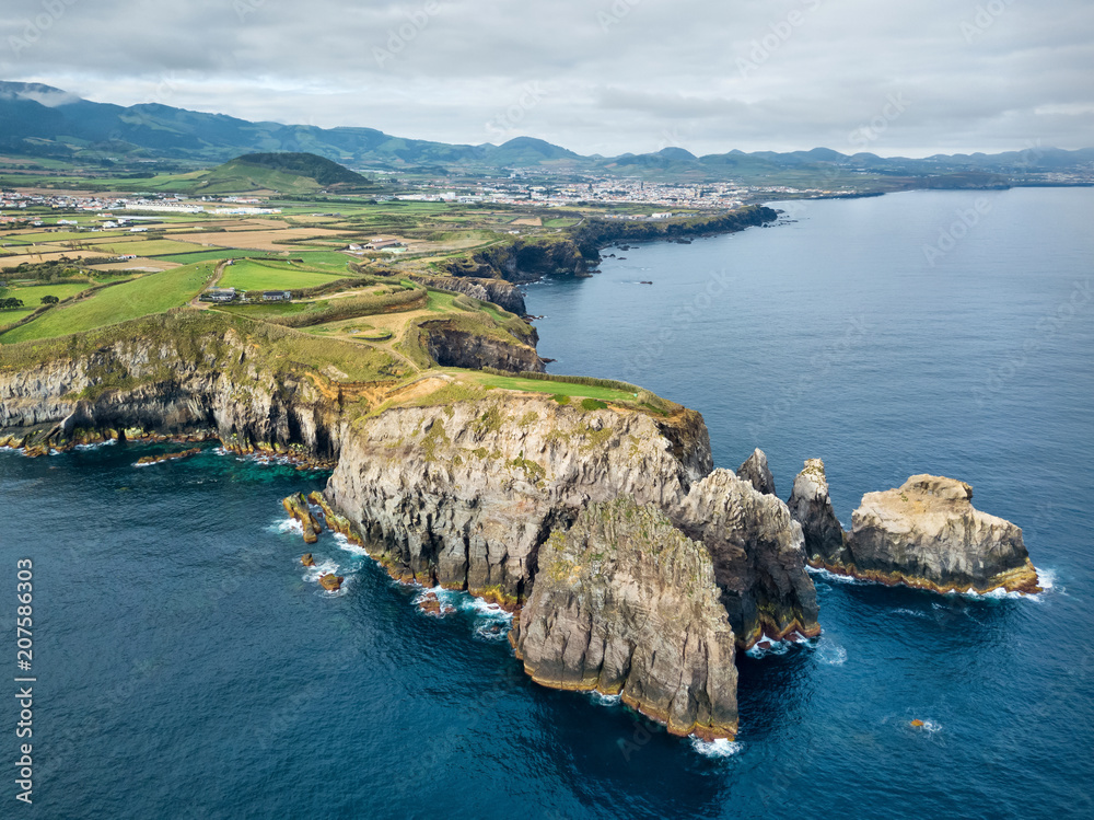 Naklejka premium Ponta do Ermo cape located on northern coast of Sao Miguel island close to Ribeira Grande, Azores, Portugal