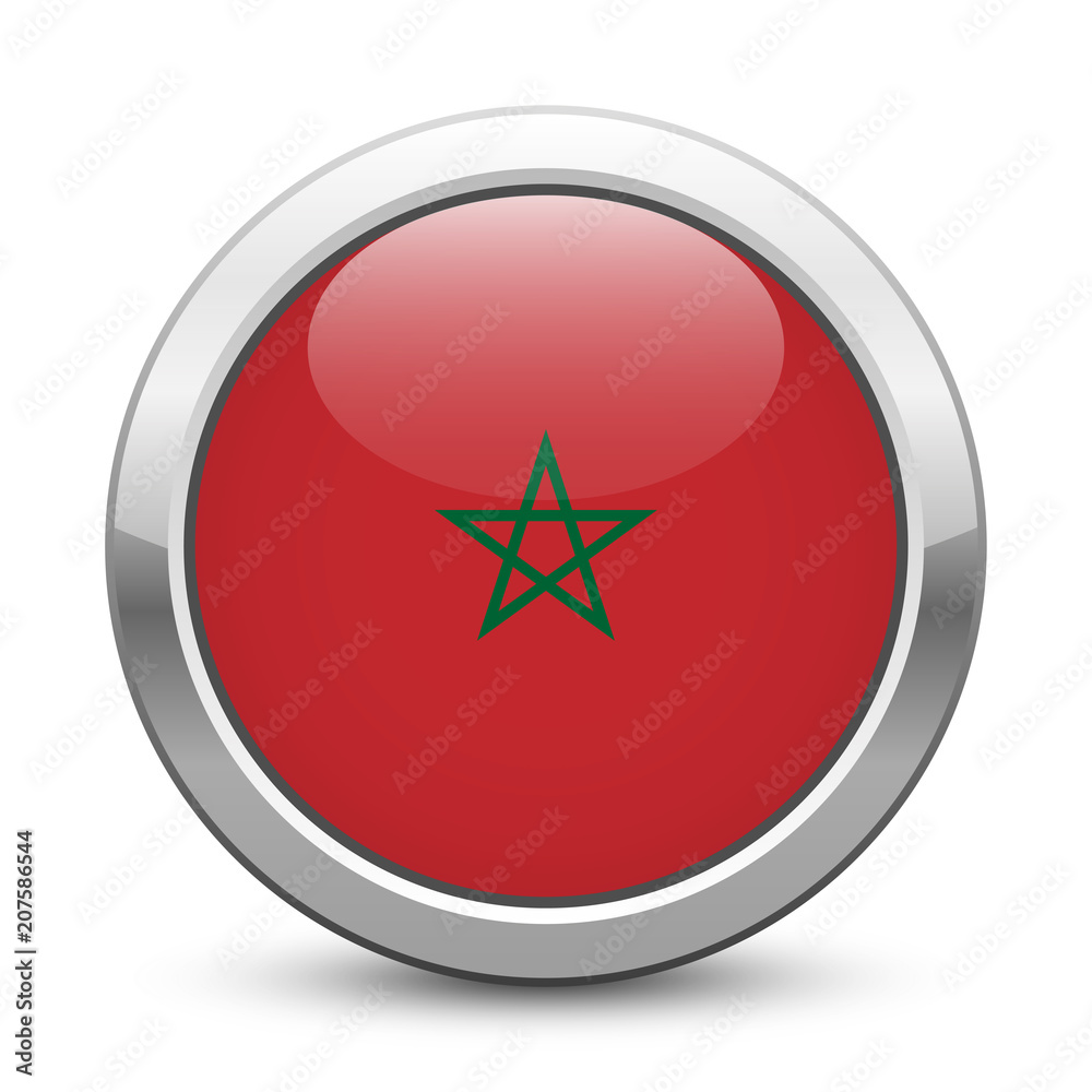 Morocco - shiny metallic button with national flag. Moroccan symbol isolated on white background. Vector EPS10