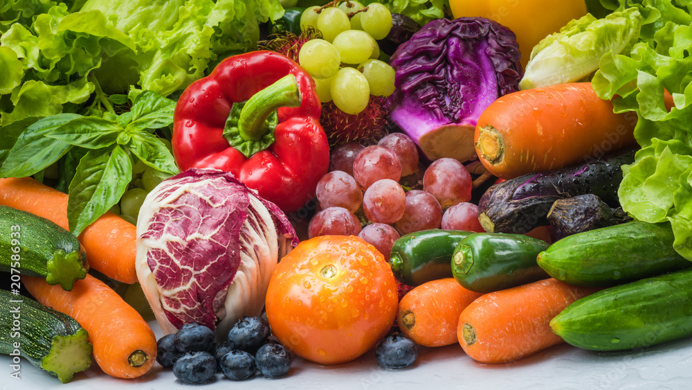 Tropical fresh fruits and vegetables organic after washed, Arrangement different vegetables organic for eating healthy and dieting Tropical fresh fruits and vegetables organic after washed, Arrangement different vegetables organic for eating healthy and dieting