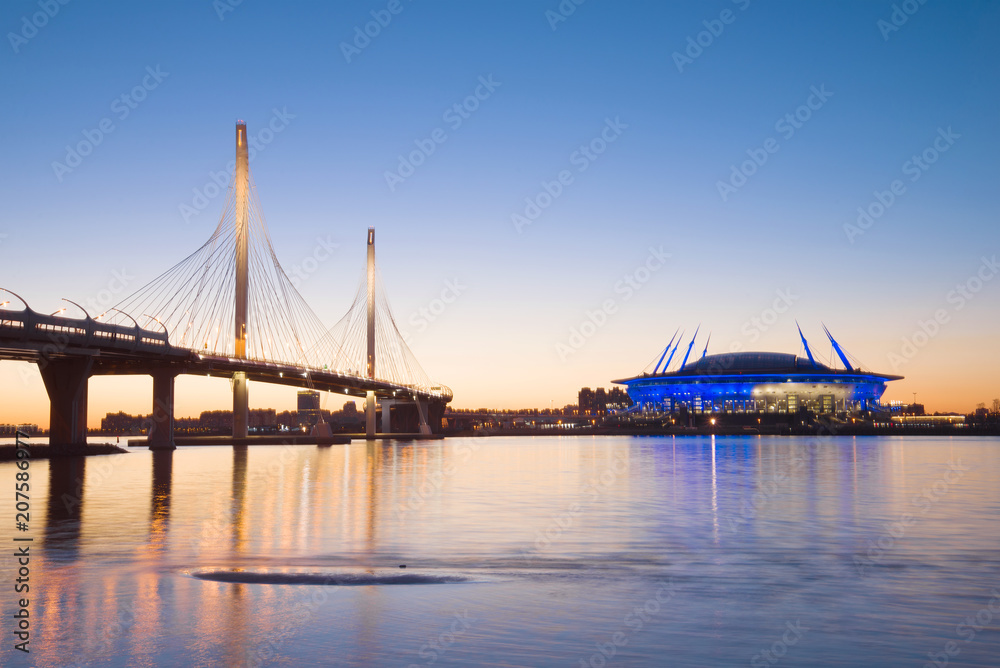 Naklejka premium Cable-stayed bridge over the Petrovsky fairway in the night scenery, Saint-Petersburg