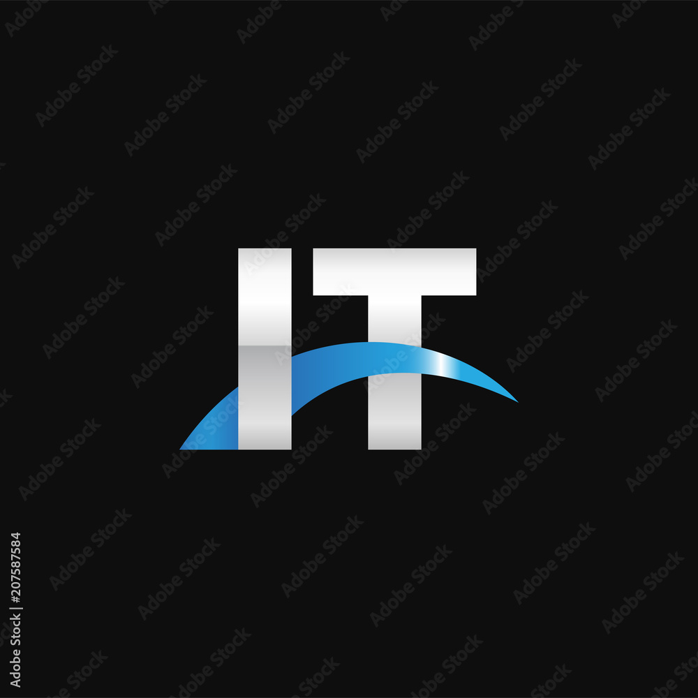 Initial letter IT, overlapping movement swoosh logo, metal silver blue color on black background Initial letter IT, overlapping movement swoosh logo, metal silver blue color on black background