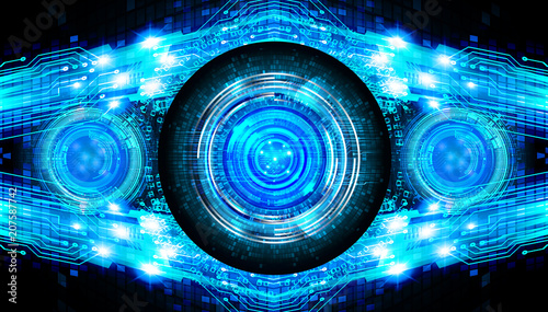 binary circuit board future technology, blue cyber security concept background, abstract hi speed digital internet.motion move blur. eye pixel 