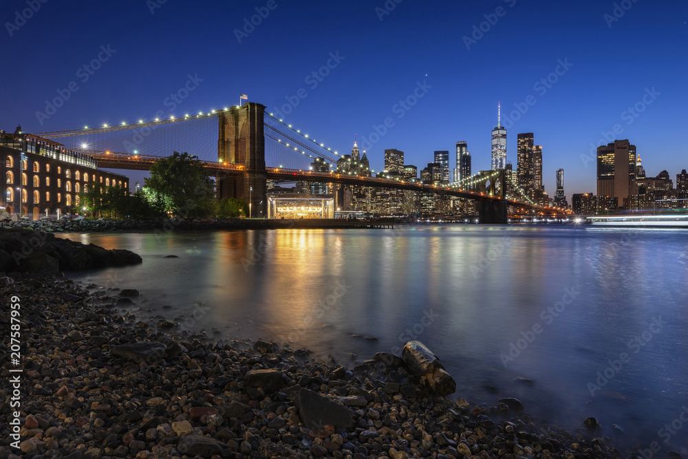 Manhattan Skyline and Brooklyn Bridge from Pebble Beach