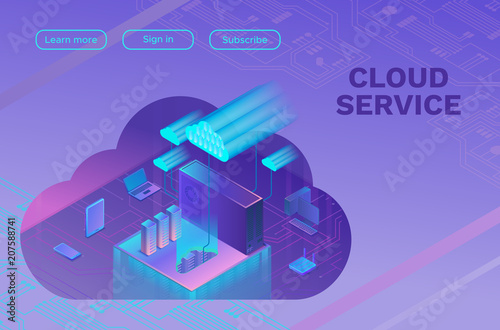 Cloud service 3d isometric infographic illustration, landing page layout, vector web template, smart modern technolodgy concept, ultra violet colors photo