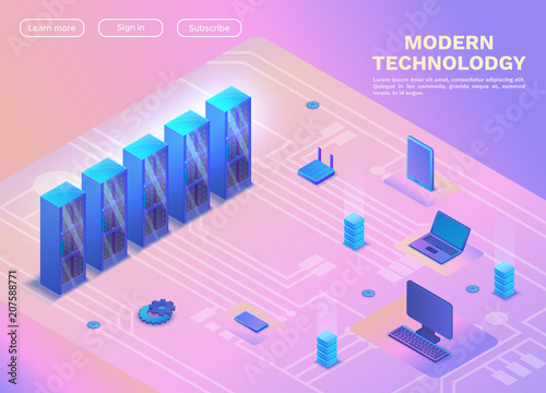 Computer network isometry, 3d concept with server, laptop, smarphone, landing page isometric template, modern gadgets vector illustration