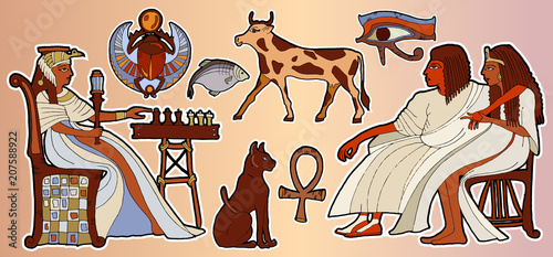 Egyptian gods and pharaohs stickers, patches in cartoon 80s-90s comic style. Fashion patch Ancient egypt. Pharaoh, scarab, ankh, cat, chess