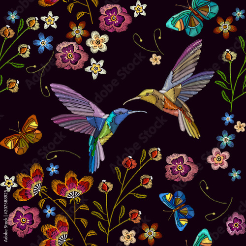 Humming bird and tropical flowers embroidery. Beautiful hummingbirds and exotic flowers on black background. Template for clothes  textiles  t-shirt design