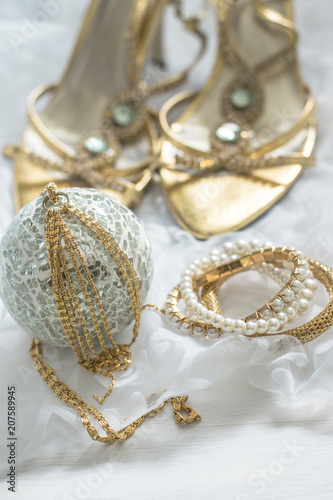 wedding details, gold and silver jewelry, shoes