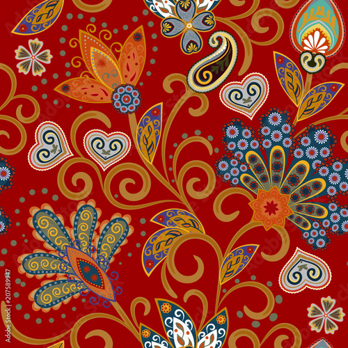 Hand drawn flower seamless pattern. Colorful seamless pattern with pargeting grunge whimsical flowers and paisley. Bright colors on red background. Vector