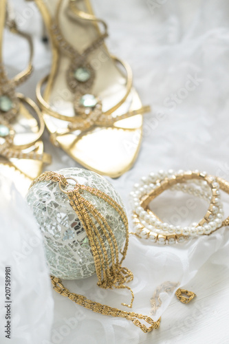 wedding details, gold and silver jewelry, shoes