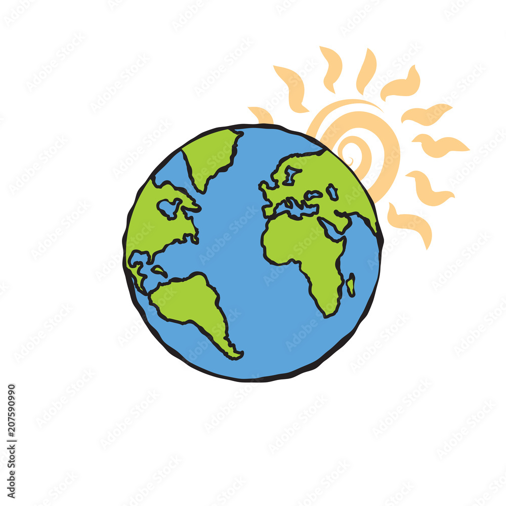 Earth illustration cartoon icon with sun behind. Blue and green color hand drawn picture emblem. Sketch tattoo art doodle style. Vector.