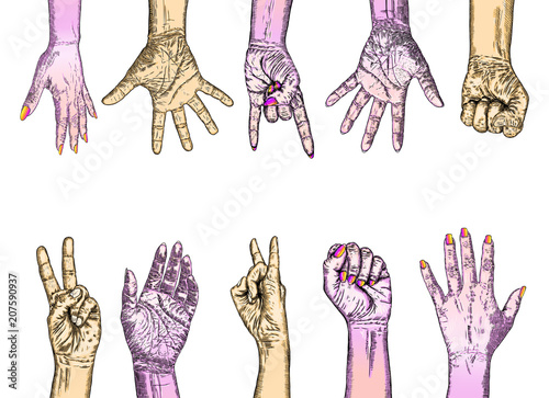 We are strong or Together we're strong concept. Raised fists. Ink art. Vector.