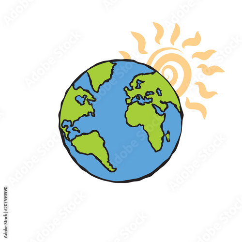 Earth illustration cartoon icon with sun behind. Blue and green color hand drawn picture emblem. Sketch tattoo art doodle style. Vector.