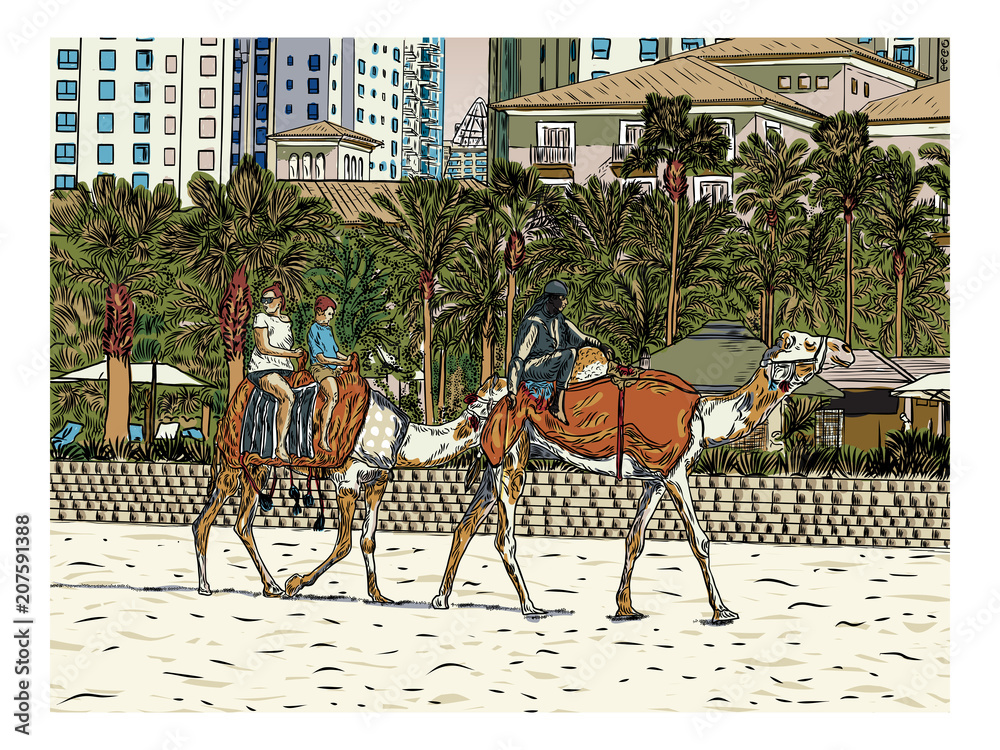 The camels with tourist attraction on Jumeirah beach and skyscrapers in the backround in Dubai, United Arab Emirates.  Hand drawn sketch. Vector.