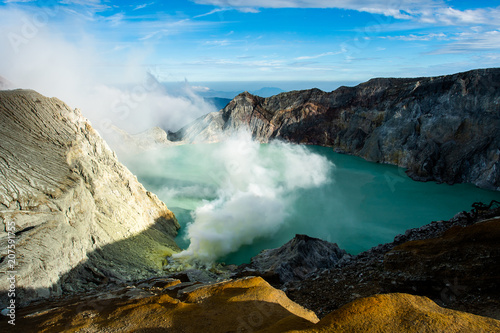 View from Ijen Crater, Sulfur fume at Kawah Ijen, Vocalno in Indenesia