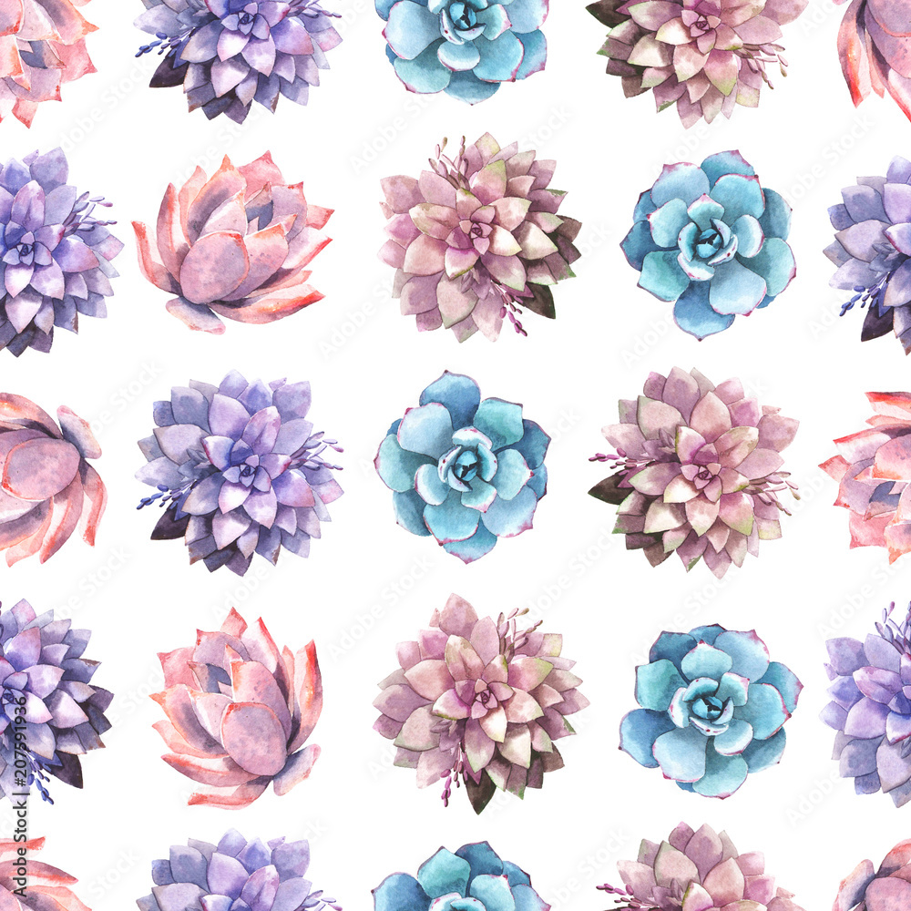 Seamless background with succulents, in watercolor style. Seamless background with succulents, in watercolor style.