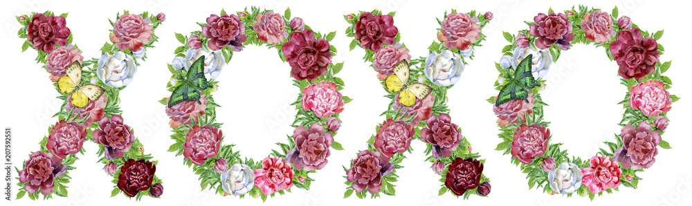 Abbreviation XOXO of watercolor flowers