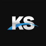 Initial letter KS, overlapping movement swoosh logo, metal silver blue color on black background