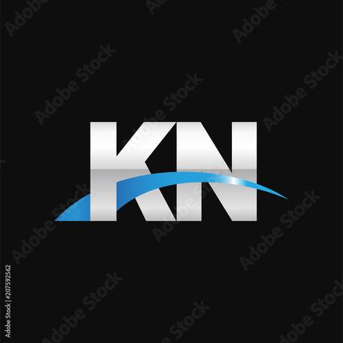 Initial letter KN, overlapping movement swoosh logo, metal silver blue color on black background