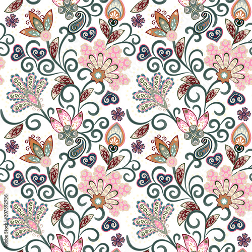 Vintage pattern in indian batik style. Floral hand draw vector background. Pastel blue pink and beige on white.
