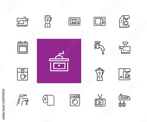 Household icons. Set of  line icons. Washing machine, TV set, sewing machine. Domestic appliances. Vector illustration can be used for topics like housework, housekeeping, technology